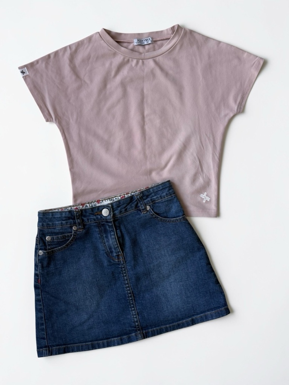 Mini Boden Pink Tee with Blue Denim Skirt